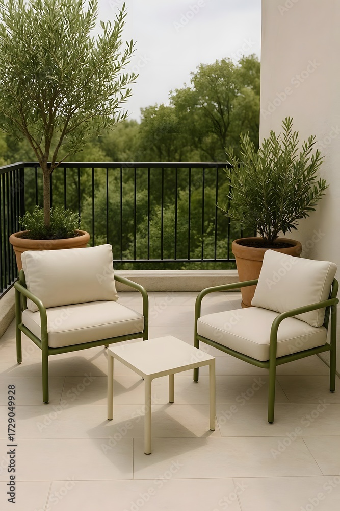 Fototapeta premium A serene balcony setting with chairs and plants, captured from a frontal viewpoint, showcasing a tranquil outdoor space with lush greenery.