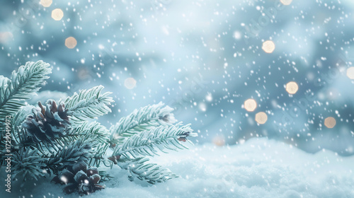 雪に包まれた松ぼっくりと枝