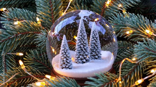 Beautiful snow globe featuring pine trees surrounded by holiday lights on a festive evergreen arrangement