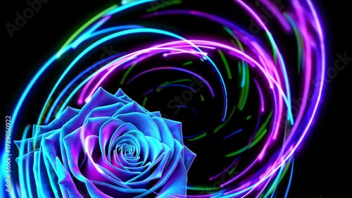 Bright blue rose spins in vibrant light swirls with colorful trails creating a mesmerizing visual effect