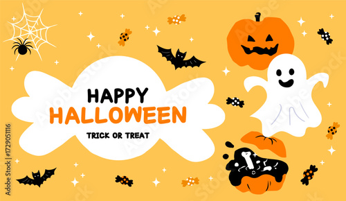 Trendy Halloween elements collection in flat design cute ORANGE AND BLACK  BANNER