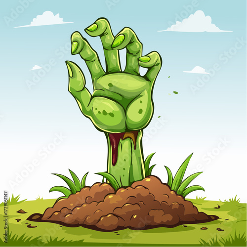Horror illustration of a green zombie hand emerging from a dirt mound on a grassy landscape with a blue sky and white clouds