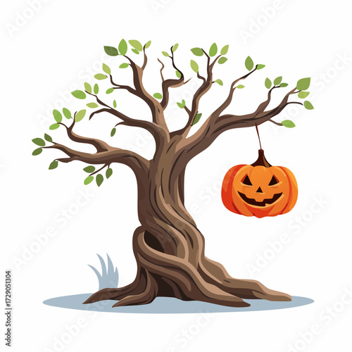 Spooky Jack O'Lantern hanging from a bare tree branch, celebrating the eerie atmosphere of Halloween
