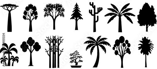 Tree Icon Set – Vector Silhouettes of Oak, Mango, Banana, Pine, Bamboo, Palm, Bonsai, Cactus, and Coconut on Transparent Background