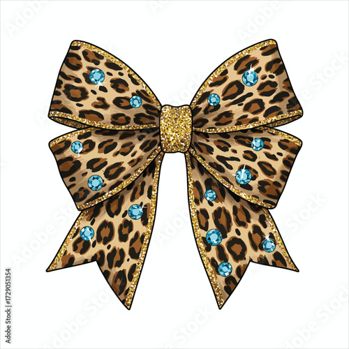 Leopard Print Bow With Blue Gems
