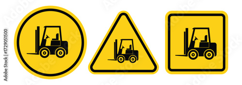 Three distinct yellow warning signs featuring a black silhouette of a forklift in different shapes for industrial safety awareness