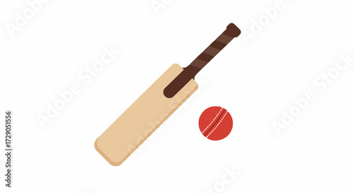 Illustration of a cricket bat with brown handle and a red cricket ball with white stitching detail