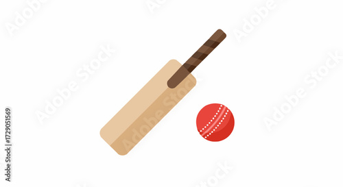 Illustration of a cricket bat with brown handle and a red cricket ball on a white background scene