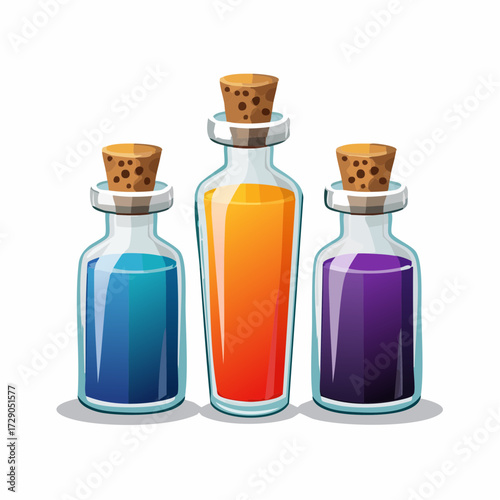 Three corked glass bottles filled with colorful liquids, representing potions or elixirs