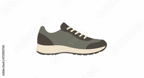 Illustration of a single gray athletic shoe with white laces and a cream colored sole on a white background