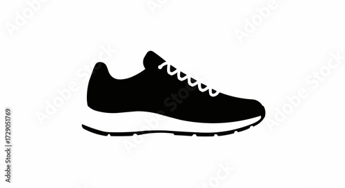 Silhouette of a running shoe with laces and a white sole on a plain white background illustration