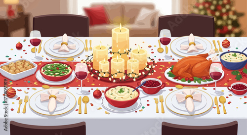 Festive Christmas Dinner Table with Turkey and Candle Centerpiece for a Holiday Celebration