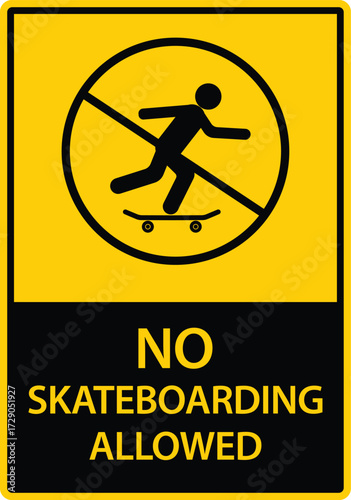 No skateboarding sign displays skateboard symbol. No skateboarding allowed, representing prohibition of skating in specific areas, depicted clearly.
