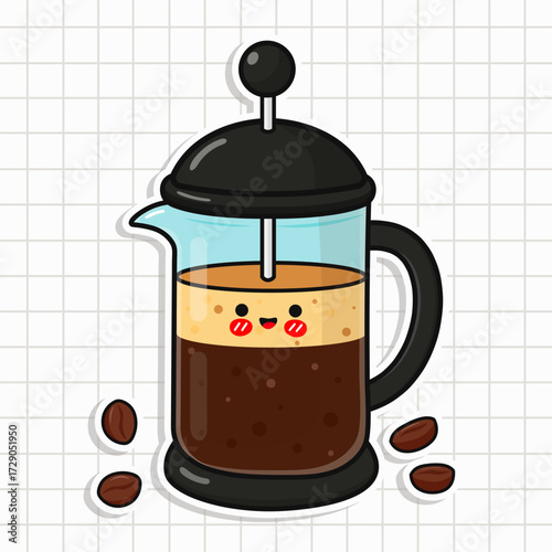 Kawaii French press brewing coffee with cute face