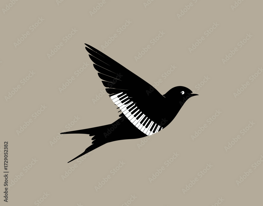 Obraz premium Bird in flight. Black bird with keyboard design in place of its body, on beige background