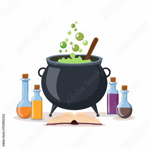Magical potion being brewed in a cauldron with bubbling green liquid and potions on the side next to an open book