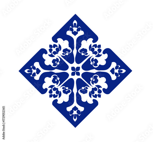 A symmetrically designed graphic, featuring a detailed floral pattern within a diamond shaped blue frame