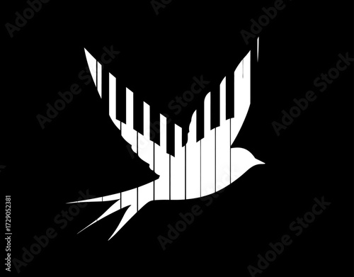 Piano Bird Bird design filled with piano keys, black background, minimalist style
