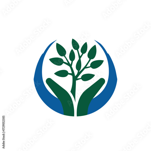 Tree of Life  Hands cradling a tree seedling within a blue circular frame
