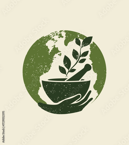 A green earth logo with a mortar and pestle with a plant being held by a hand