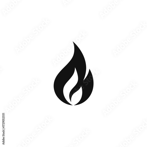 A simple, stylized graphic featuring a flame shape composed of black and white, isolated on a white background