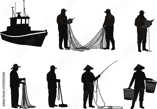 Fishing silhouettes, traditional gear, boat scene, net handling, document reading, conical hat, basket carrying, black vector icons, coastal labor, mop, pole