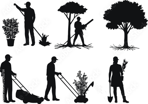 Gardening silhouettes, landscaping tools, lawn mowing, leaf blowing, tree trimming, bouquet holding, outdoor maintenance, black vector icons, shovel, potted plant, hedge cutting