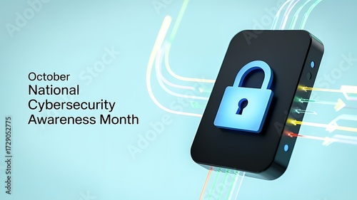 October national cybersecurity awareness month graphic featuring a smartphone with a glowing blue padlock icon symbolizing digital security and data protection