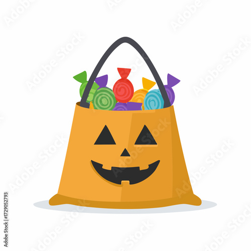 Festive Halloween Treat Bag with Colorful Candies and Smiling Pumpkin Face