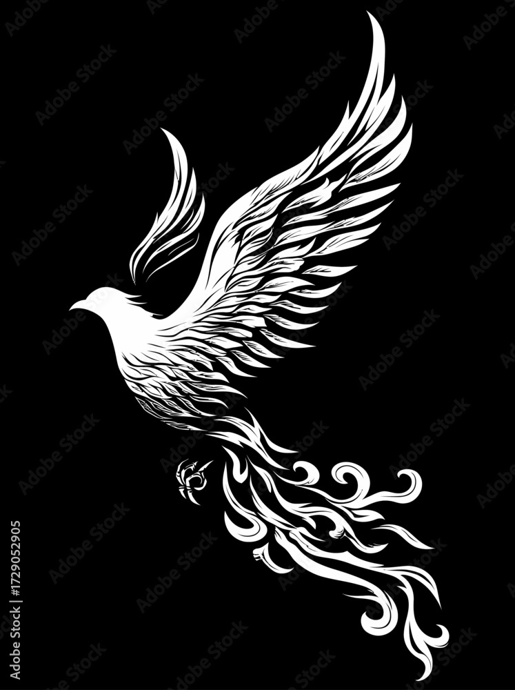 Fototapeta premium Rising bird, illustration. White feathered wings on black, swirling tail feathers
