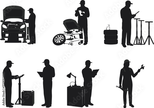 Mechanic silhouettes, automotive repair scenes, car maintenance tasks, diagnostic tools, clipboard inspection, garage workers, black vector icons, wrench, tire, equipment
