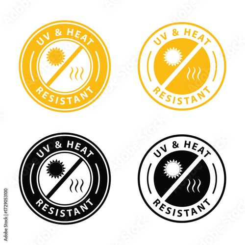 Uv and resistant heat resistant logo, uv resistant badge, uv resistant icon, uv resistant sticker, label, emblem, stamp, symbol, black, line, flat vector, isolated illustration. 
