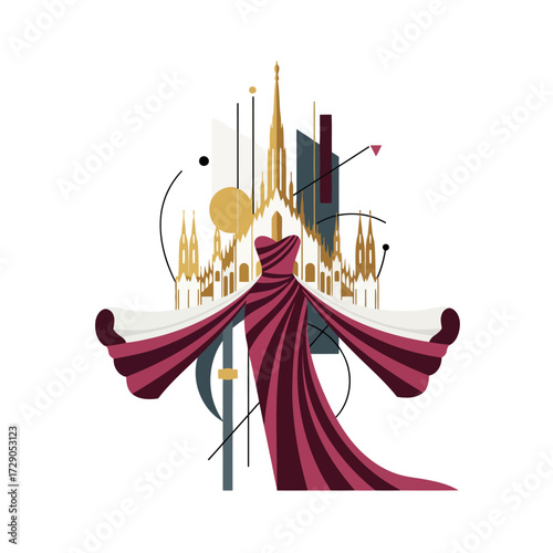 A haute couture gown and abstract art elegantly fuse with a Milanese cathedral spire, embodying the city's unique blend of classic and modern style.