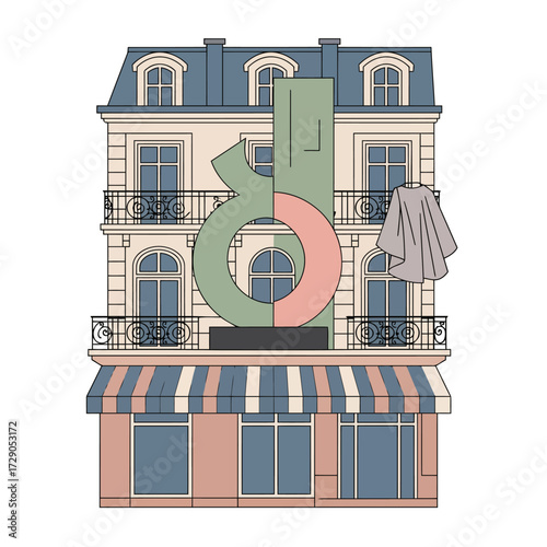 A Parisian building front where art and fashion meet. A bold sculpture and a haute couture drape blend with classic facade details, capturing the city's spirit.