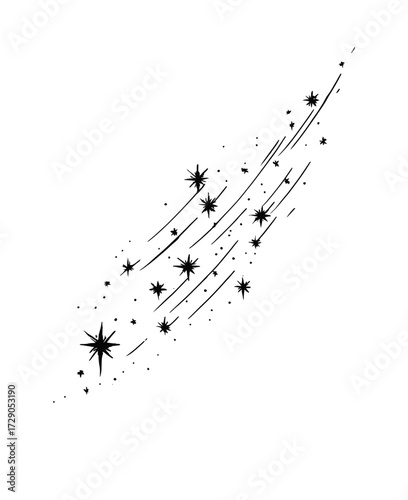A minimalistic illustration featuring several stars, of varying sizes, with elongated trailing lines