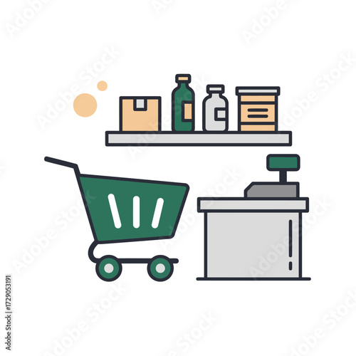 A simple and professional flat design icon for a mini market. A shopping cart is in front of a cashier counter, with a shelf above displaying various items, symbolizing the convenience and variety of.