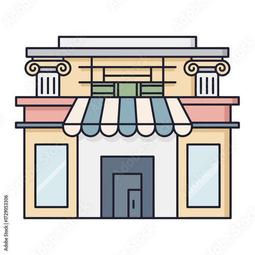 An intricate cafe facade. A nod to classic architecture, with a hint of contemporary art and the familiar stripes of a Parisian awning. A true blend of old and new..