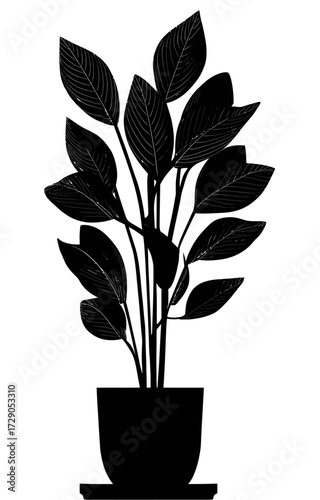 Black Plant Silhouette Potted plant with leafy foliage in minimalist style