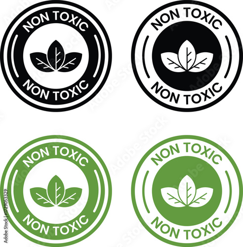 Set of four circular non toxic labels with leaf symbol in black white and green color variations for product packaging safety