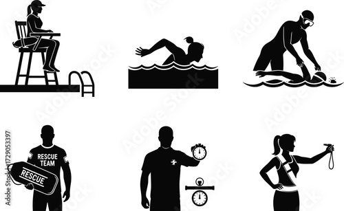 Swimming and lifeguard vector illustration, rescue team, stopwatch timing, pool safety, aquatic training, black and white silhouette, coach and swimmer scene