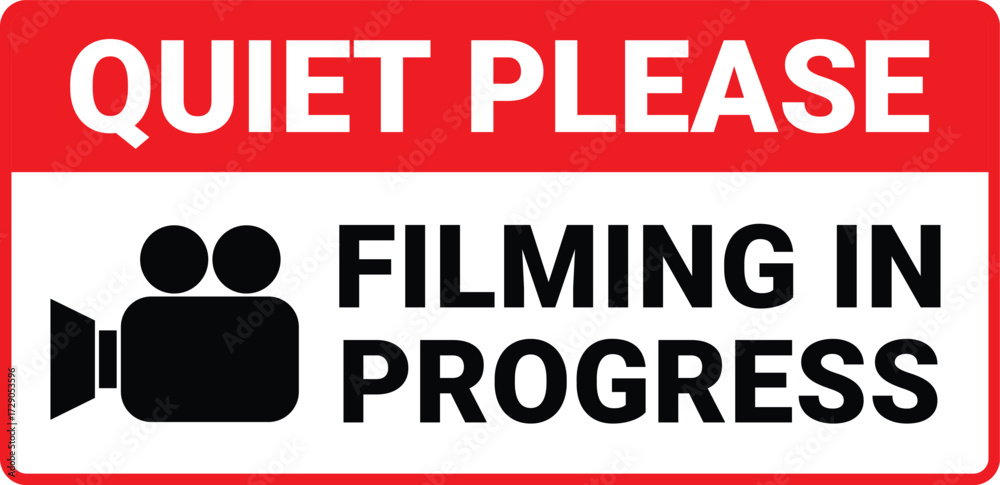 Quiet please filming in progress sign, Quiet please filming in progress label, sticker, badge, icon, logo, label, emblem, stamp, symbol, black, line, flat vector, isolated illustration