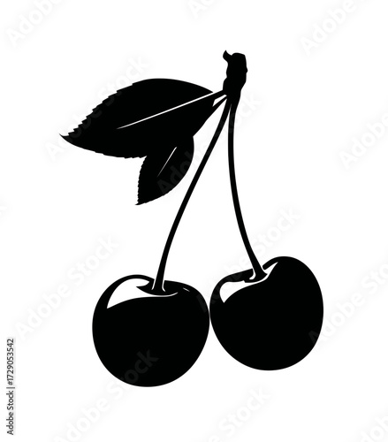 A silhouette illustration of two cherries on a stem with leaves against a white background