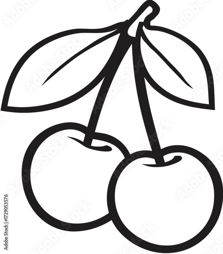 A stark black-and-white illustration features a pair of cherries with leaves and stems