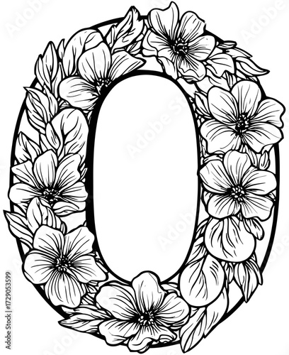 Black and white floral illustration of the letter "O", with flowers and leaves surrounding the shape