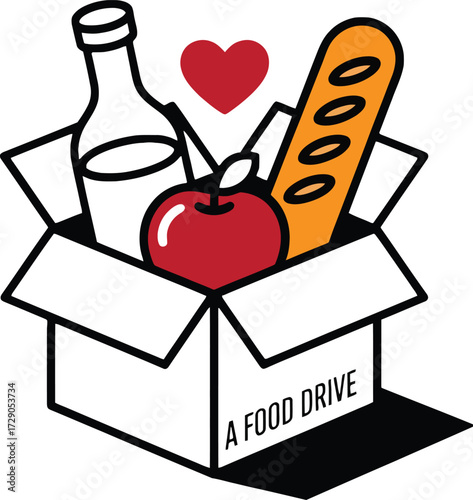 Red apple baguette bottle in box with red heart and text A F O D R I V E food drive donation