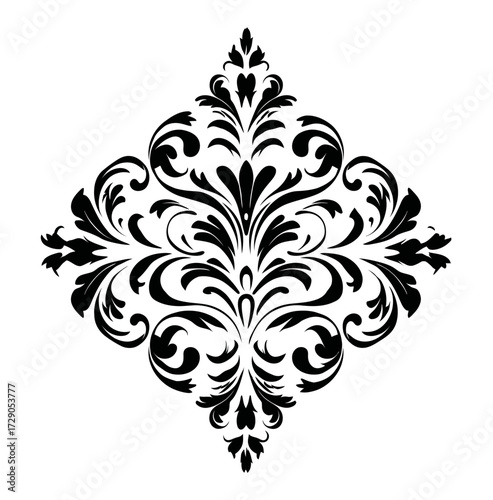 An ornate, symmetrical black pattern with swirling floral elements and an elegant, classic feel