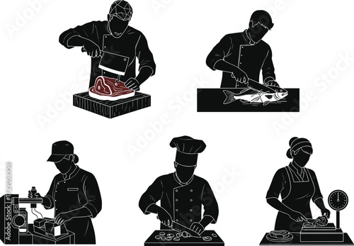 Food preparation silhouettes, meat slicing, fish filleting, vegetable chopping, deli work, weighing ingredients, chef tasks, kitchen tools, black vector icons, culinary process