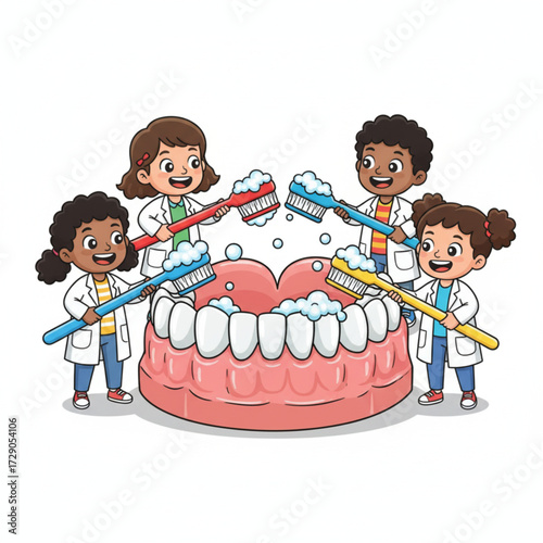 Halloween Dental Fun Adorable Kids Brushing Giant Teeth in a Spooky Setting