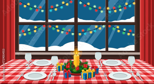 Festive holiday dinner setting illustration with wintery window background and decorative elements