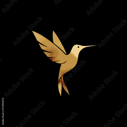 Gold-toned illustration of a hummingbird in flight on a black background with textured appearance